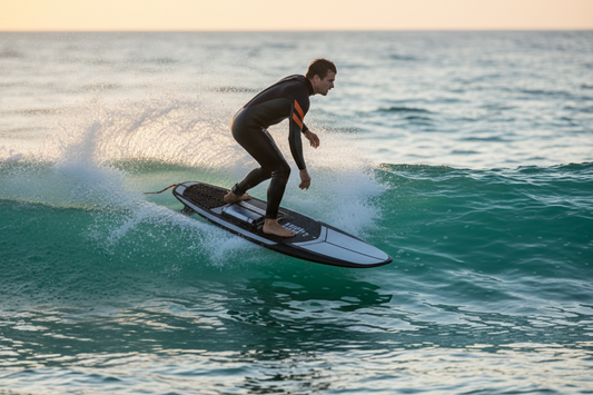 OMNITHRILL electric surfboard cutting through ocean waves at high speed 2026