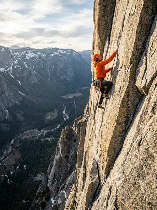 Person climbing a steep cliff with a scenic mountain landscape in the background