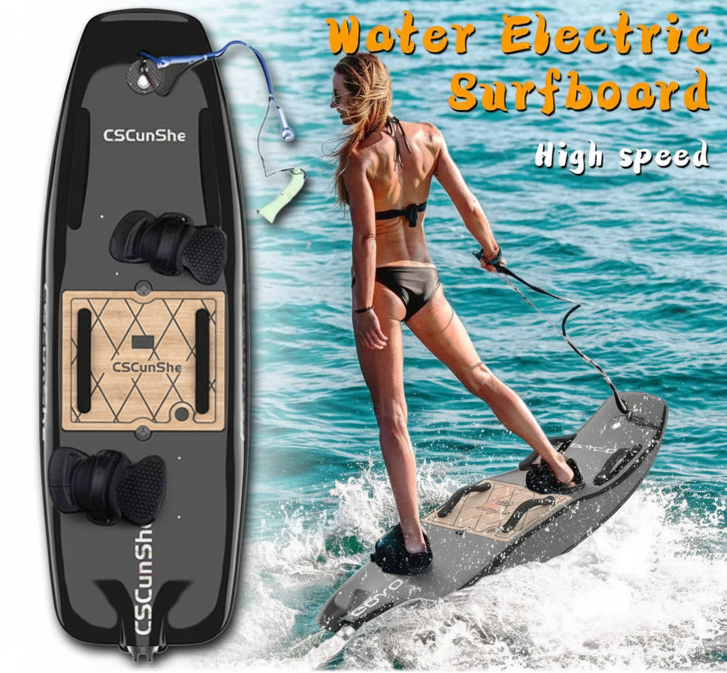 CSCunShe water electric surfboard with a woman using it in the water, featuring product details.