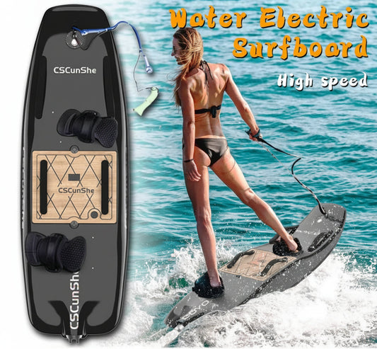 CSCunShe water electric surfboard with a woman using it in the water, featuring product details.
