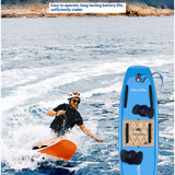 Electric surfboard with a person using it in the water, against a scenic background.