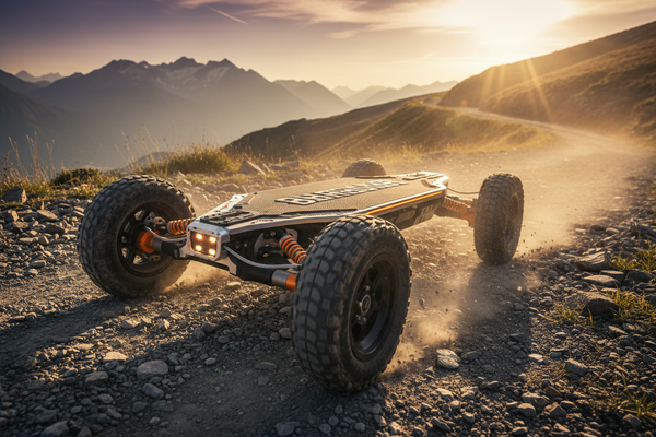 Off-road electric skateboard on a dirt path with mountains in the background
