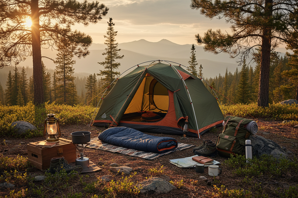 Camping scene with a tent, sleeping bag, and lantern in a forest at sunset.