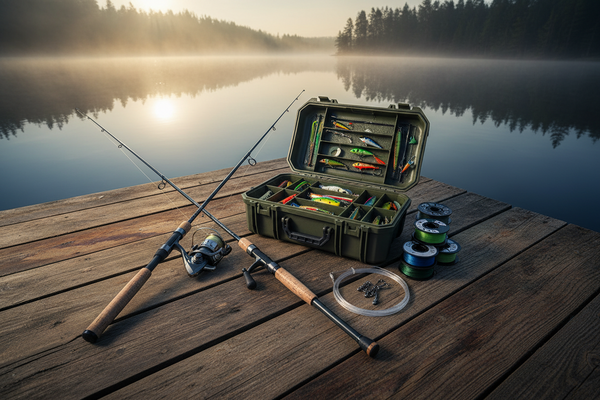 Fishing rod, reel, and tackle box on a wooden dock by a lake at sunrise.
