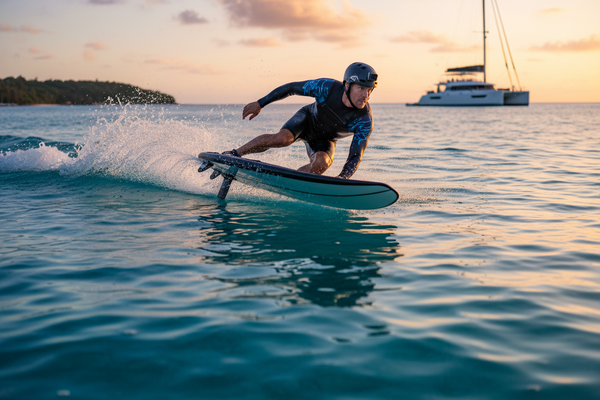 Person surfing on a wave with a sunset and boat in the background